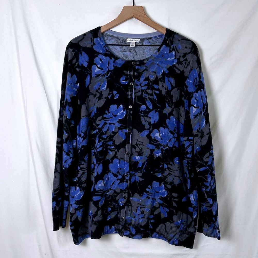 Croft & Barrow Womens Cardigan Size 2X Black Blue Dark Floral Cotton Casual